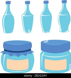 Set of blue vector bottles and cans. Glass, plastic. Stock Vector