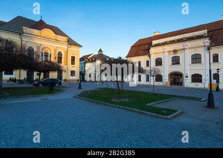 Rimavska Sobota, Slovakia - March 3, 2019: Historical town houses in the main square of Rimavska Sobota, Slovakia. Stock Photo