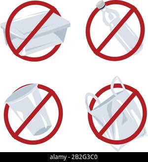 Set of vector plastic items in a red forbidding sign. Container, bottle, bag, cup. Save the planet, say no to plastic. Global problem. Stock Vector