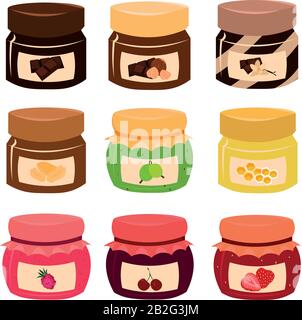Seth vector bright jars. Jam or honey or chocolate and nut paste. Design for print or poster or flyer. Stock Vector