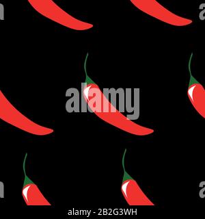 Vegetable pattern. Chili peppers on a black background. Design for flyer, label, wallpaper, fabric. Stock Vector