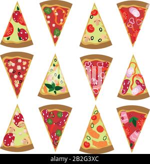 Set assorted pizza. Vegetarian, meat, mushroom pizza. Design for menu, cafe, recipes, restaurants, fast food, food court. Stock Vector