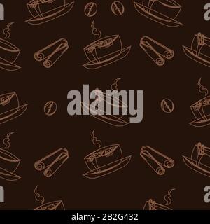 Pattern coffee, cinnamon, marshmallows. Beige silhouettes on the design of coffee houses, cafes, menus, banners. Stock Vector
