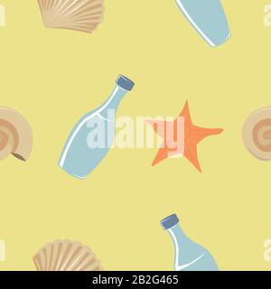 Vector pattern of seashells, starfishes, plastic bottles on the sand. Cleaning the beach. Ecological problem. Stock Vector