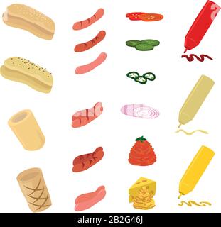 Set of ingredients for hot dog. Different types of buns, sausages, vegetables and sauces. Design for cafe, foodcourt, menu, recipe. Stock Vector