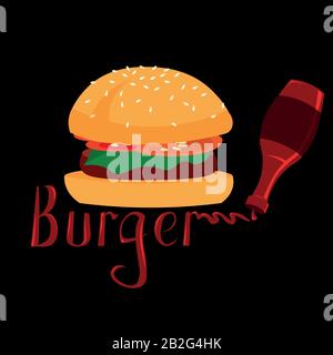 Burger, text from ketchup. Design for a cafe logo, food club, menu. Stock Vector