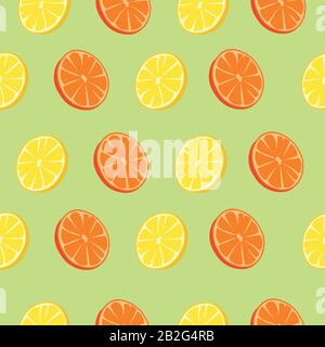 Pattern oranges, lemons on a green background. Stock Vector