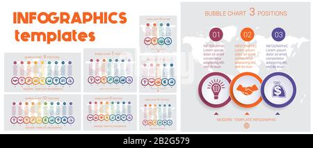 Infographic templates. Charts business infographic step by step 3 4 5 6 7 8 9 10 positions colorful bubbles Stock Vector