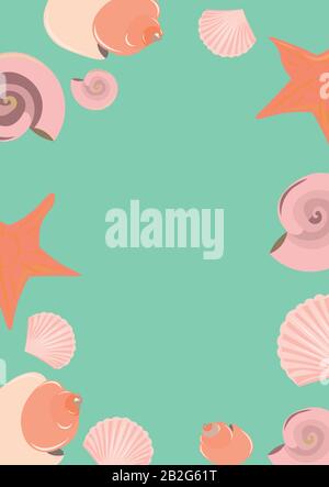 Summer card with seashells and starfish. Pink objects on a blue background. Stock Vector