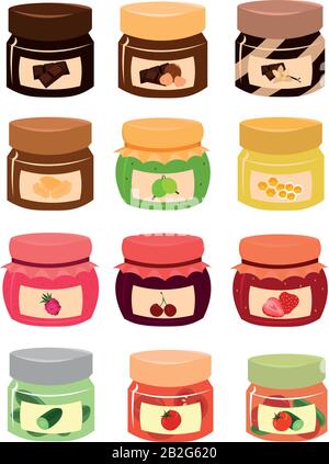 Set of jars of jam, pickled vegetables, nut pasta. Preparations for the winter. Desserts and snacks. Stock Vector