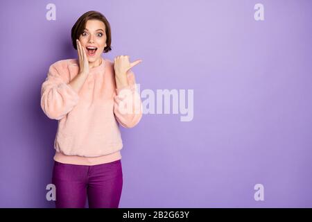 Portrait of crazy funky girl use laptop read social media news online  shopping black friday bargain information impressed scream wow omg wear  stylish Stock Photo - Alamy