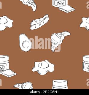 Breakfast pattern. Hot dogs and scrambled eggs, peanut butter sandwich and croissant, avocado and fruit. Design for menu, cafe, flyer, banner. Stock Vector