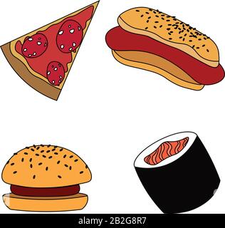 Seth fast food in cartoon style. Pizza, hot dog, hamburger, sushi. Traditional cuisine. Design elements for cafe, restaurant, menu. Stock Vector