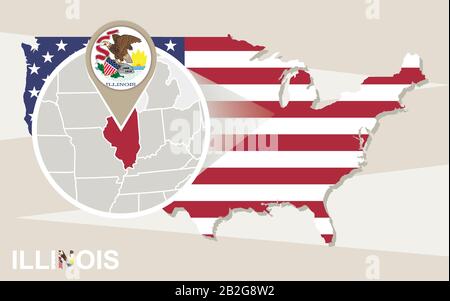 USA map with magnified Illinois State. Illinois flag and map. Stock Vector