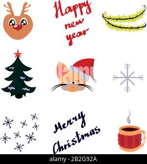 Set of holiday objects. New Year's and Christmas. Garlands, deers, Christmas hats and snowflakes. Design of cards, clothes, posters. Stock Vector