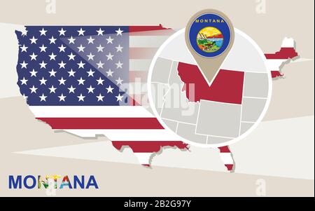 USA map with magnified Montana State. Montana flag and map. Stock Vector