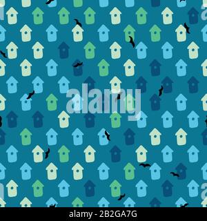 birdhouses seamless vector pattern on teal Stock Vector