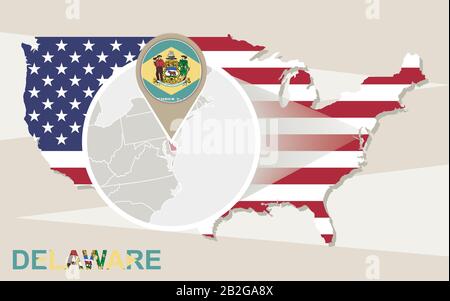 USA map with magnified Delaware State. Delaware flag and map. Stock Vector