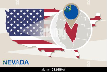 USA map with magnified Nevada State. Nevada flag and map. Stock Vector