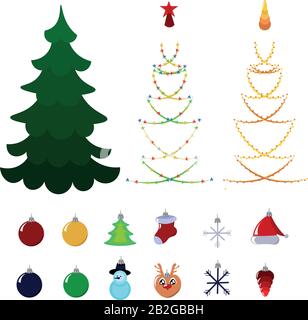 Set of objects for decorating the Christmas tree: beads and garlands, toys and stars. Multi-colored balls and figures. Decor for the party. Design for Stock Vector