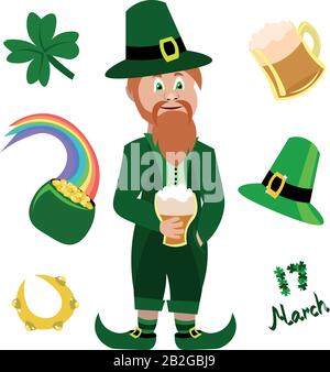 A cartoon Leprechaun St Patricks Day character peeking over a pot of gold  and waving Stock Photo - Alamy