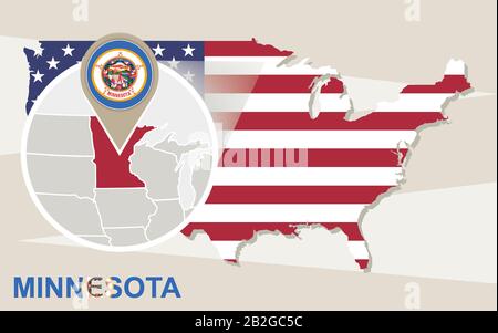 USA map with magnified Minnesota State. Minnesota flag and map. Stock Vector