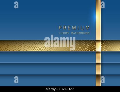 Vector luxury tech background. Stack of classic blue color paper material layer with gold stripe and golden geometric pattern. Premium design. Stock Vector