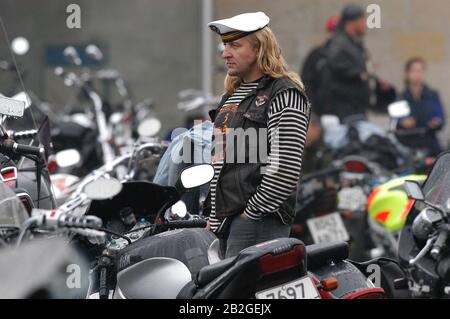 Saint-Petersburg, Russia - August 21, 2004: festival of motorcycles. portrait a man in a black leather jacket Stock Photo