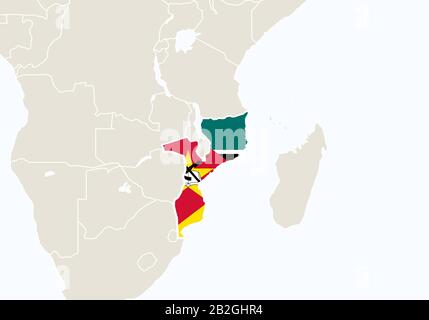 Africa with highlighted Mozambique map. Vector Illustration. Stock Vector