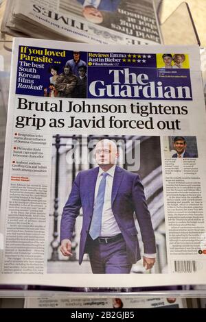 'Brutal Johnson tightens grip as Javid forced out' front page newspaper headlines in the Guardian on 14 February 2020 London England UK