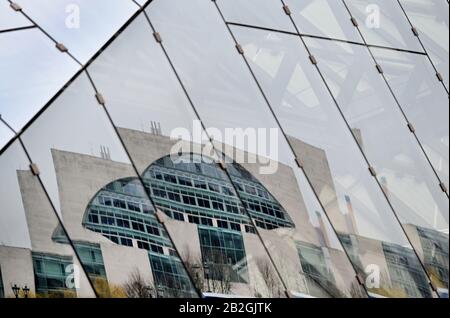 Berlin, Germany. 03rd Mar, 2020. The Berlin Chancellery is reflected in the facade of the Cube building in Berlin. Credit: Frank May/dpa/Alamy Live News Stock Photo