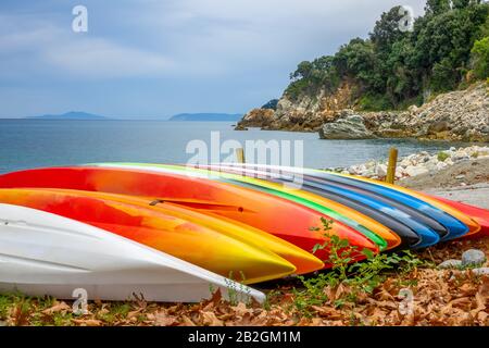 Summer sea bay in cloudy weather. Several multi-colored kayaks on the shore Stock Photo