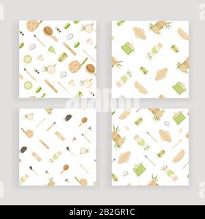 Set of Zero Waste Vector Seamless Pattern in Minimalism Style, with Reusable and Recycle Zero Waste products - Pad, Box, Charcoal toothbrush, Natural Stock Vector
