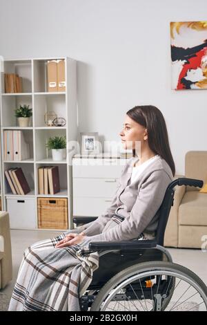 Sad pensive young brunette woman sitting under blanket in wheelchair while spending time alone at home Stock Photo