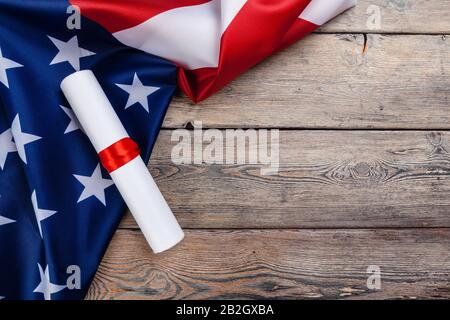 Declaration of the Independence of the United States and national flag Stock Photo