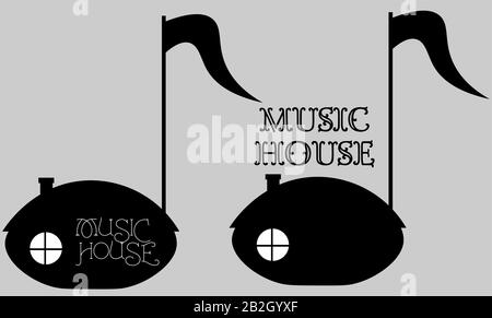 black minimal music house logo in the form of a note with a pipe and a window Stock Vector