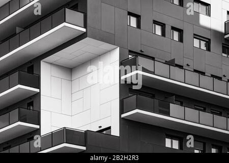 Geometric inverse corner of a residential building in black and white Stock Photo