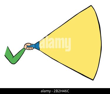 Vector hand drawn illustration of man with a flashlight. Black outlines and colored. Stock Vector