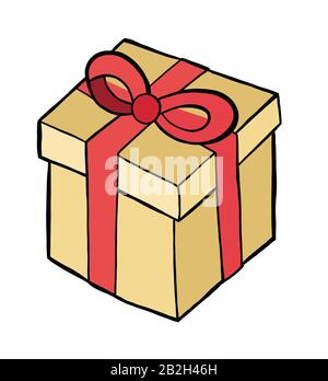 Vector hand drawn illustration of gift box. Black outlines and colored. Stock Vector