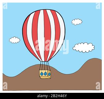 Vector hand drawn illustration of hot air balloon. Black outlines and colored. Stock Vector