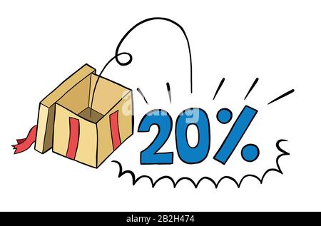 Vector hand drawn illustration of opened gift box and 20 percent discount. Black outlines and colored. Stock Vector