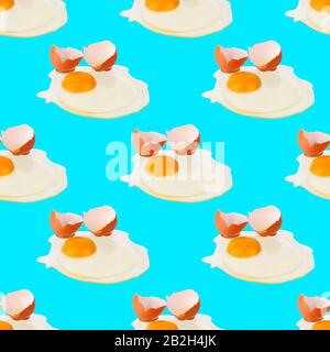Seamless pattern of raw eggs with yellow yolk on blue background isolated, broken brown egg shell repeating ornament, Easter banner, paschal print Stock Photo