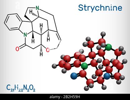 Strychnine, C21H22N2O2, molecule. It is monoterpenoid indole alkaloid, is from the seeds of the Strychnos nux-vomica tree. Used for destroying rodents Stock Vector