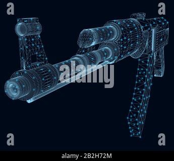Wireframe of a Kalashnikov assault rifle made of blue lines with luminous lights on a dark background. View perspective. 3D. Vector illustration. Stock Vector