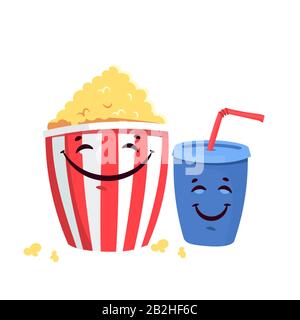 Flat illustration with cartoon movie popcorn and soda Stock Vector