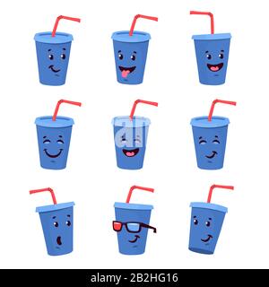 Soda drink emoticon set. Cartoon Smiley face. Stock Vector
