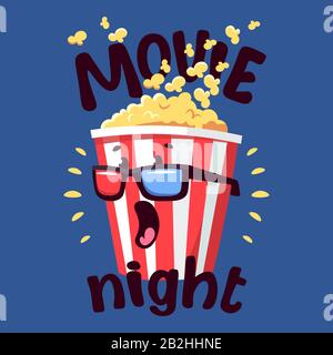 Banner or poster with Cartoon popcorn striped pack with plastic cup of soda Stock Vector