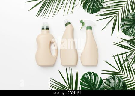 Three blank bottles for mockup packaging of cleaning detergent Stock Photo