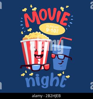 Flat illustration with cartoon movie popcorn and soda Stock Vector