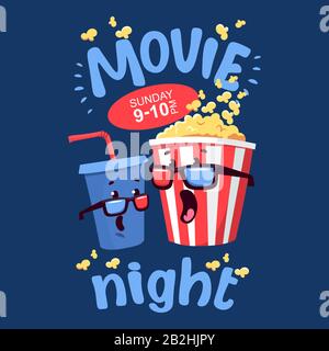 Flat illustration with cartoon movie popcorn and soda Stock Vector